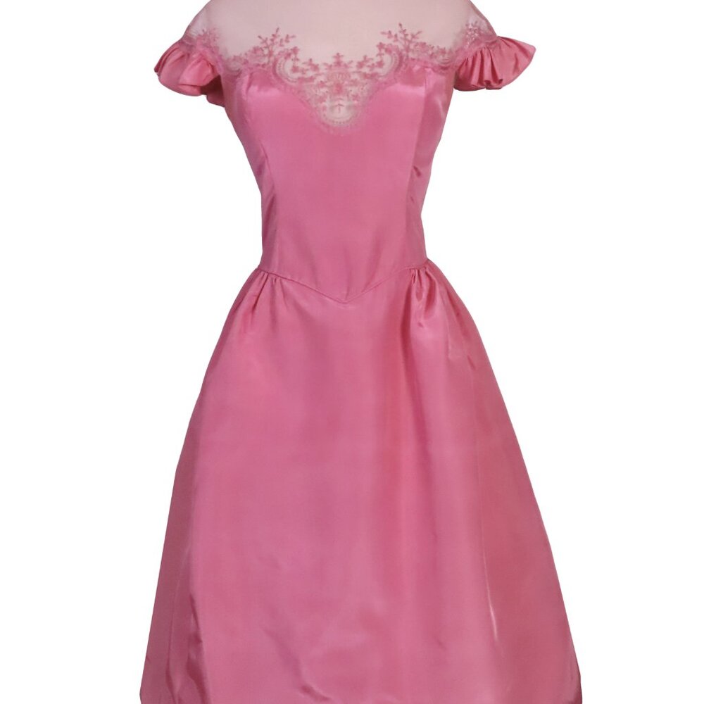 Vintage 70s 80s Pink Ruffle Sleeve Neck Taffeta Prom Gown Party Prom Dress S M - Picture 2 of 14